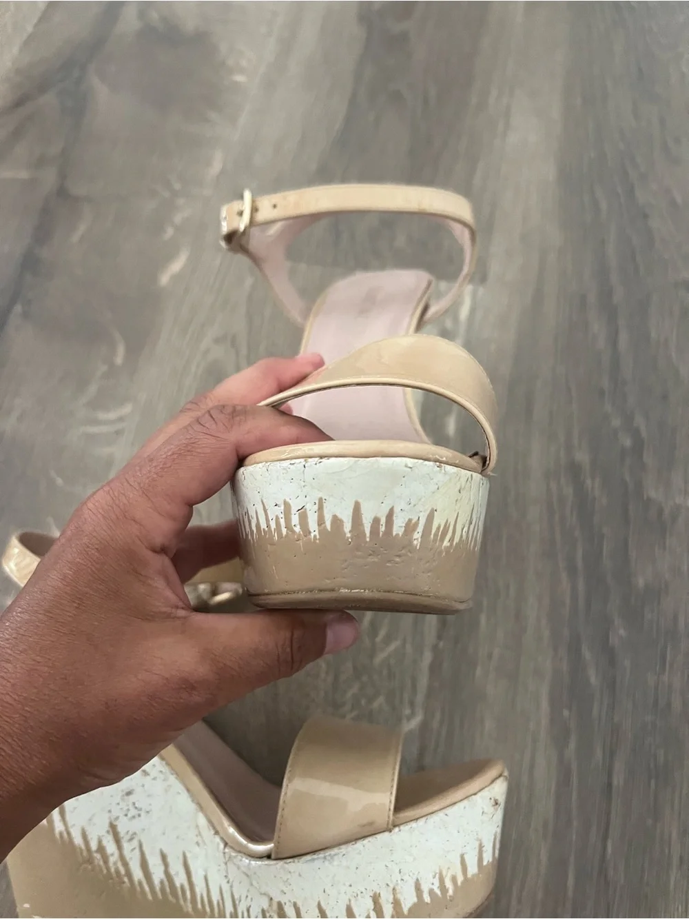 Stuart Weitzman Patent Tan Platform Wedge Sandals - Picture 12 of 13